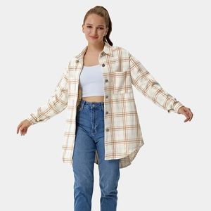 Button & Pocket Front Plaid High Low Coat (Shacket)